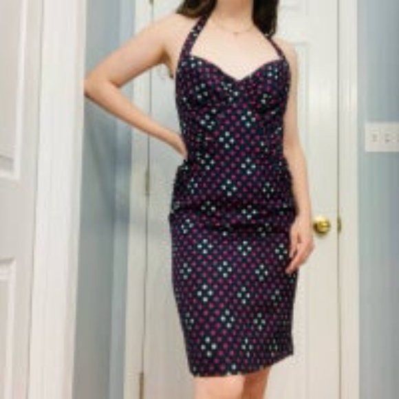 Betsey Johnson silk navy polka-dot halter dress. SZ 8 - Picture 1 of 15